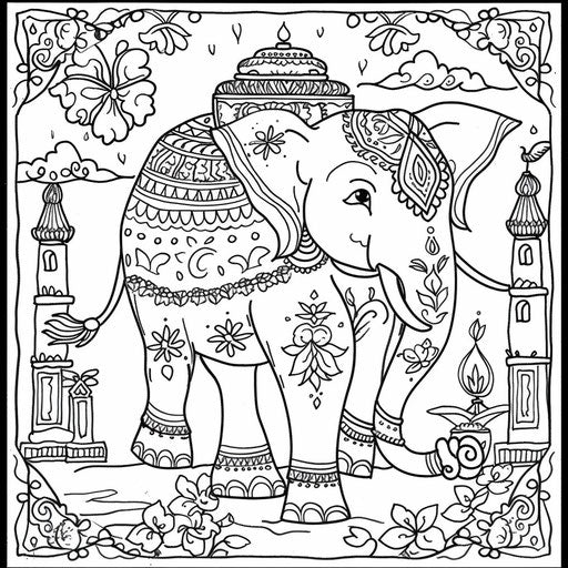 Decorated Diwali elephant with intricate patterns. Coloring Page