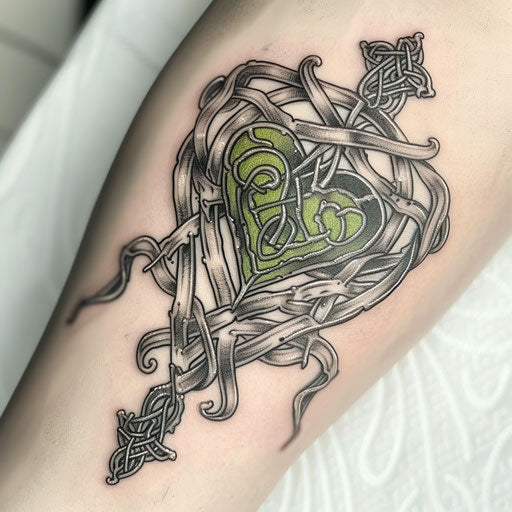 Celtic-inspired Queen of Hearts tattoo with knotwork and green accents