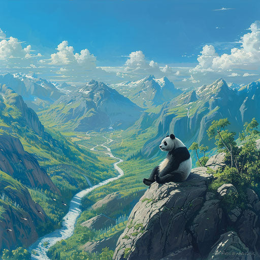 Solitary giant panda on rocky outcrop, overlooking lush valley and river