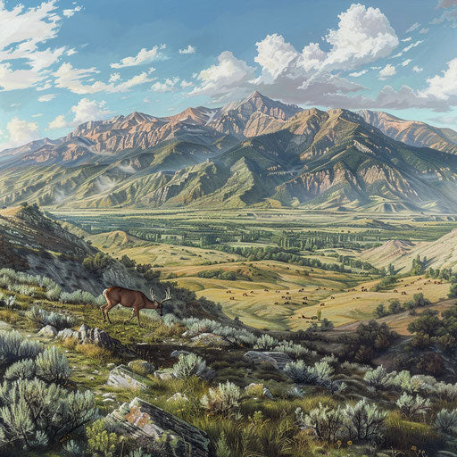 Mountain Range with Grazing Herd of Deer