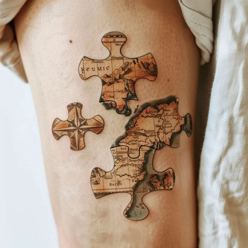 Vintage puzzle piece tattoo with old treasure map design