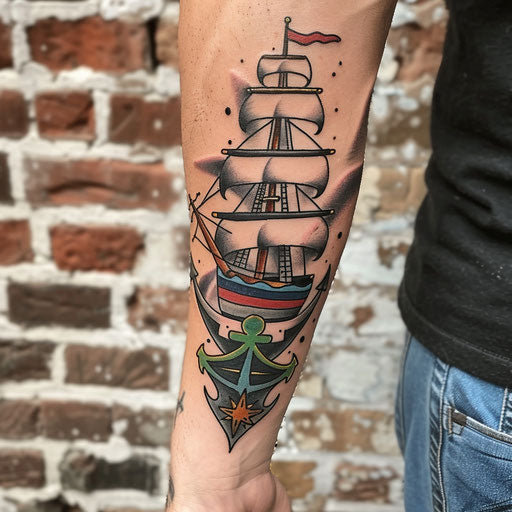 Forearm tattoo: ship and anchor, Sailor Jerry style