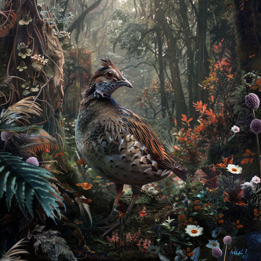Quail bird in a surreal, dreamy woodland, in the style of Simen Johan