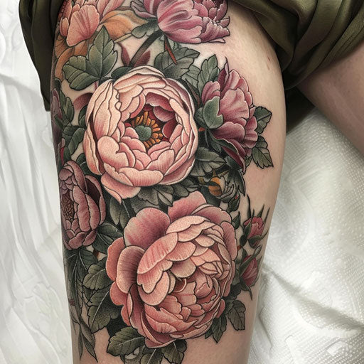Realistic floral tattoo with roses and peonies