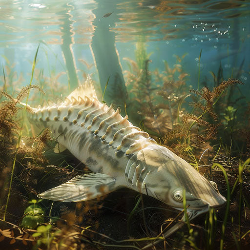 White sturgeon in clear lake with sunlight reflections
