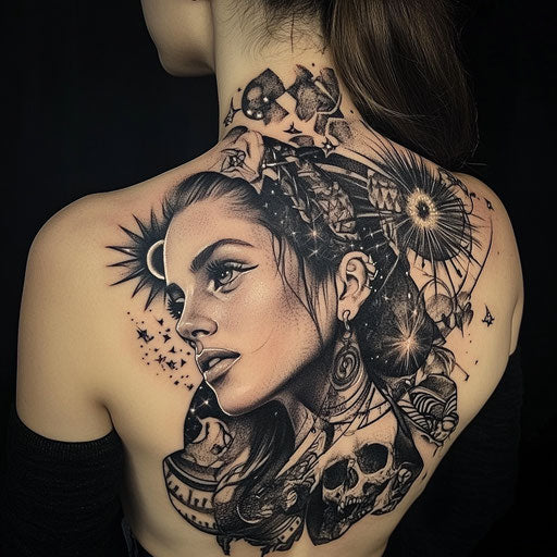 Female back tattoo in the style of David Palumbo with a celestial goddess under a starry sky