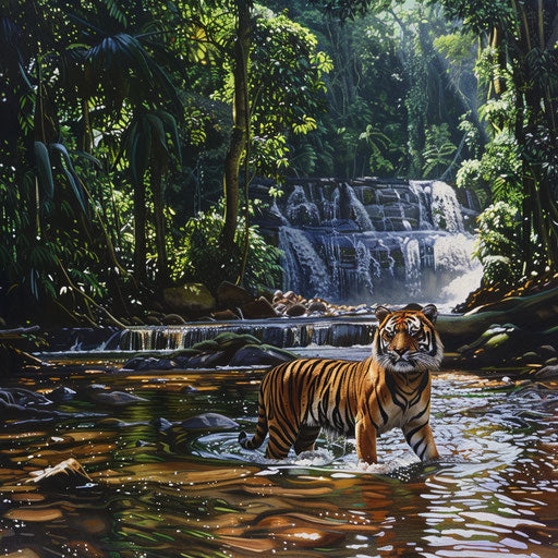 Sunda tiger crossing river with towering waterfalls
