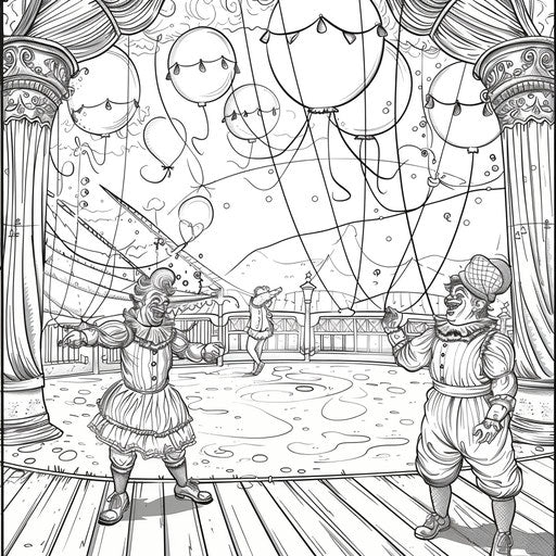 Playful scene of clowns juggling with balloons at the circus