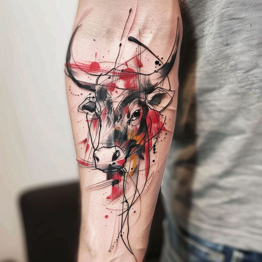 Expressive abstract bull tattoo on white canvas