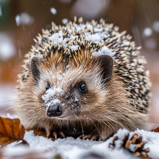 A hedgehog's first snow, its spines dusted with white, a contrast of textures and seasons