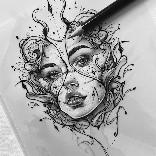 Flat tattoo sketch of Gemini, mirror twins with contrasting black and white motifs