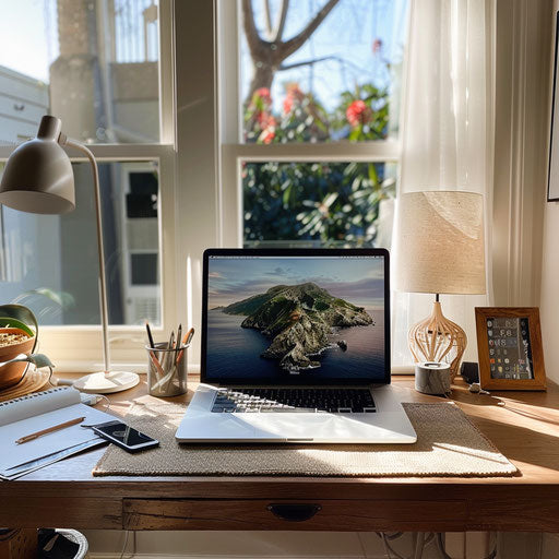 Productive work-from-home setup with a laptop, wireless keyboard, and clean desk