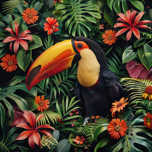 Toucan among vibrant tropical plants