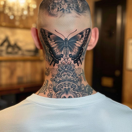 Butterfly tattoo on neck with mystical themes