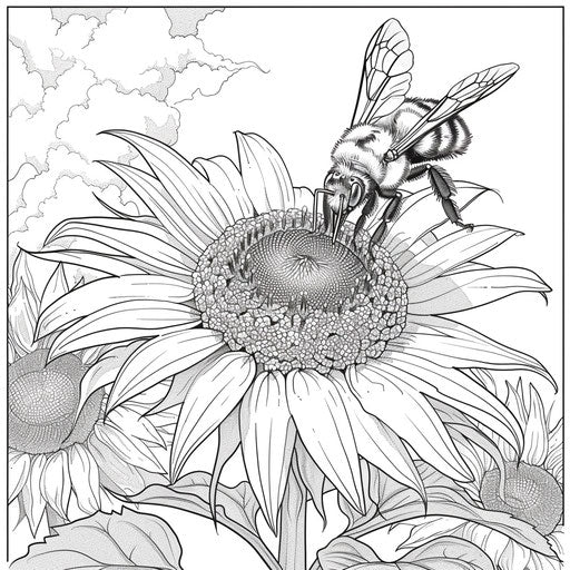 Bee on sunflower under clear sky, coloring book page