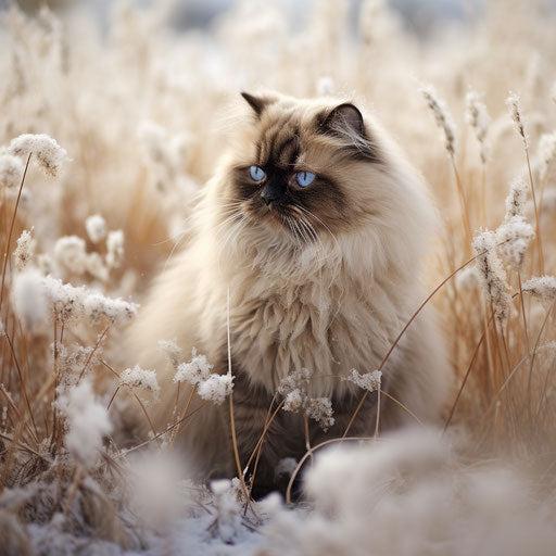 Himalayan cat in a field during snowfall