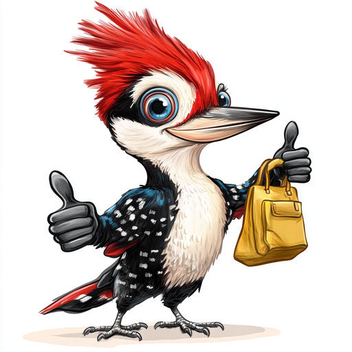 Humorous caricature of a woodpecker with human characteristics