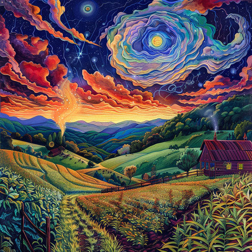 Music festival poster, Roanoke Virginia, Blue Ridge mountains, trippy sky, farm