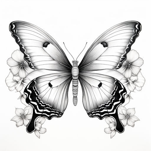 Black and white butterfly coloring pattern, realistic and ethereal style