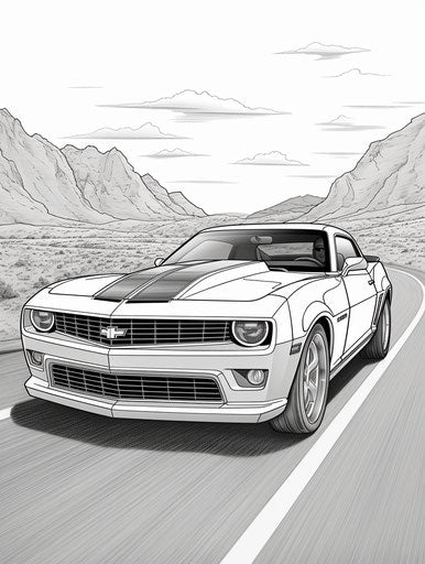Chevrolet Camaro car coloring page in dynamic action style