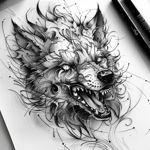 Detailed tattoo sketch of a wolf with fine line work and subtle shading
