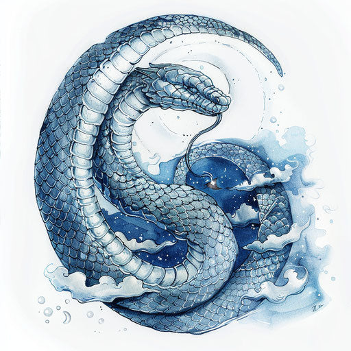 Serpent coiled around moon tattoo sketch, silver tones