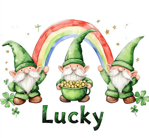 St. Patrick's Day Gnomes, Pot of Gold, Rainbow, 'Lucky', White Background