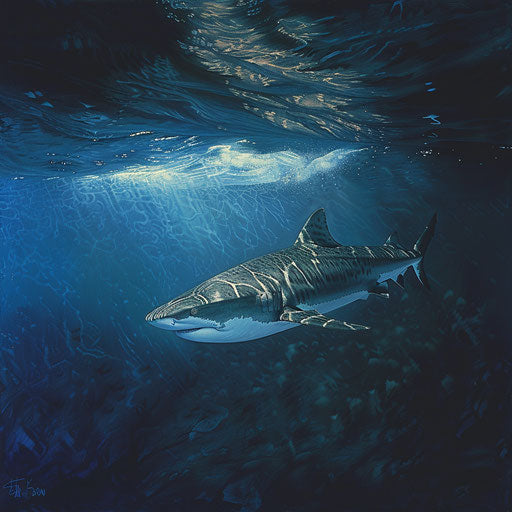 Tiger shark swimming in the twilight zone of the ocean