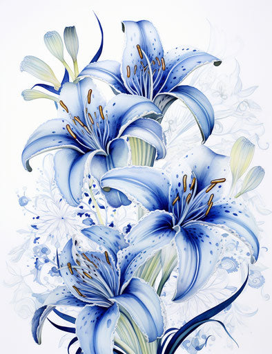 Watercolor illustration of lily plants, intricately drawn in navy and blue