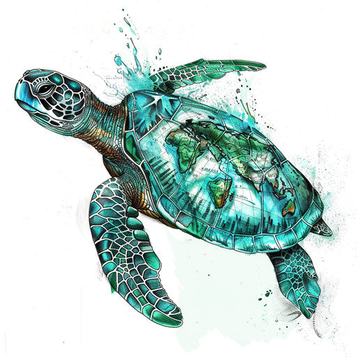 Surreal tattoo sketch of a sea turtle with a world map on its shell, in green and blue, clipart style