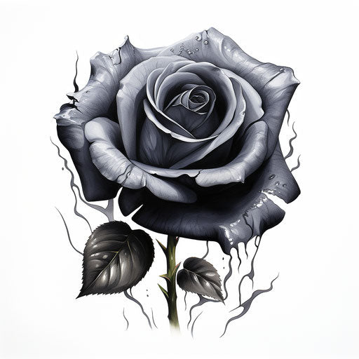 Black rose tattoo in black and white with roots