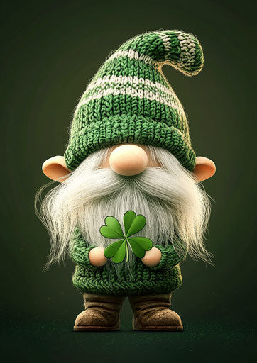 St. Patrick's Day hat, cute gnome with white beard and green-striped knitted hat holding clover leaf
