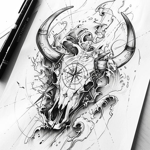 Nautical tattoo sketch of a cow skull with ocean waves and compass