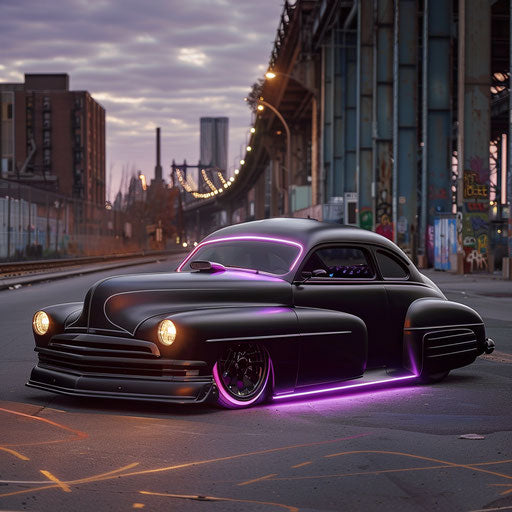 Elevated classic coupe with custom matte black paint and neon underglow lights cruising in urban industrial area at dusk