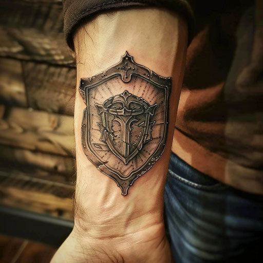 Men's wrist tattoos with a medieval shield, Adrian Smith style