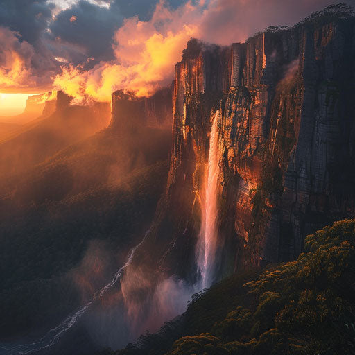 Angel Falls with stunning mist and sunset glow