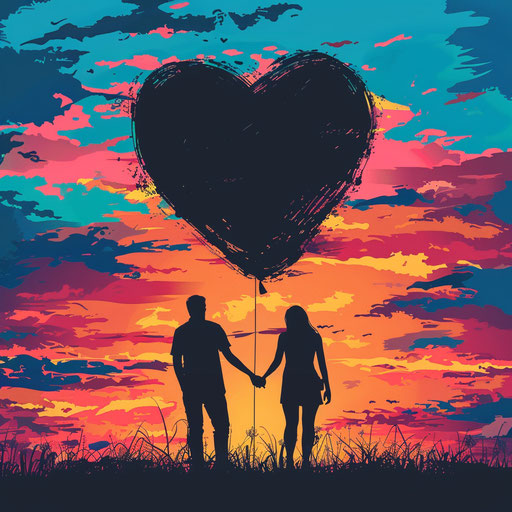 Silhouette of couple holding hands with vibrant sunset