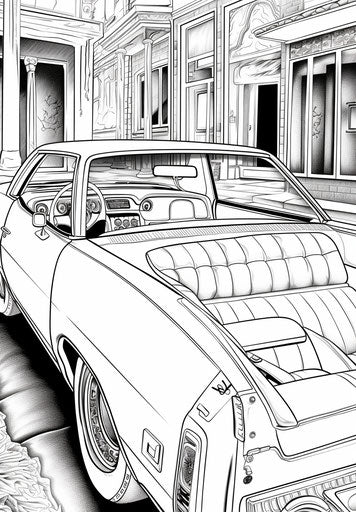 Car coloring page with open doors and sitting in the back