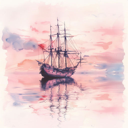 Tranquil sketch of a pirate ship at dawn