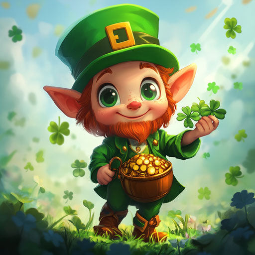 St. Patrick's Day, a cute leprechaun with a pot of gold and shamrocks in the style of Artgerm, in a cartoon style.