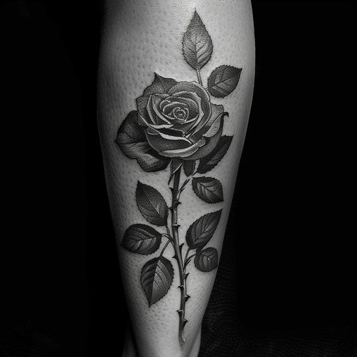 Male rose tattoos in the style of Ami James with a black and grey realistic rose