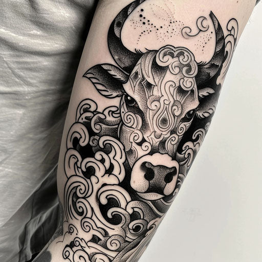 Japanese style cow tattoo with waves and clouds