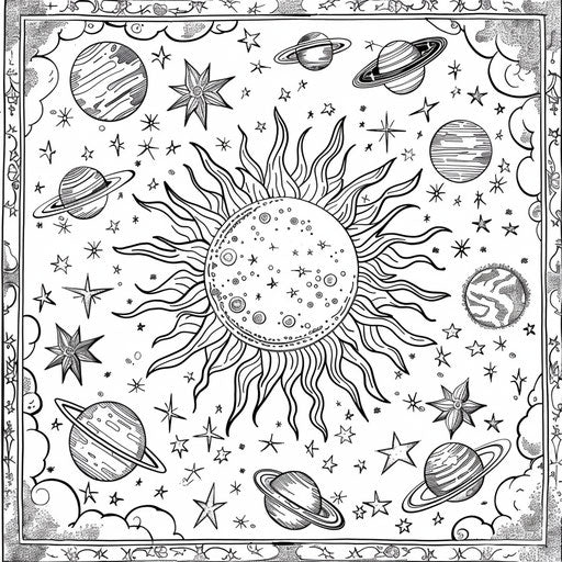Cosmic scene with sun surrounded by planets and stars. Coloring book page