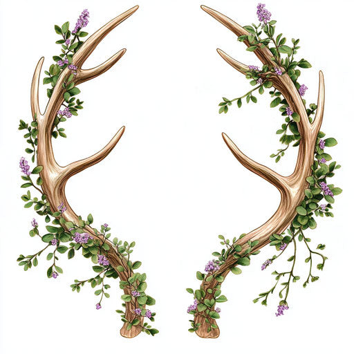 Decorative deer antlers with wildflowers and ivy for rustic wedding invitation