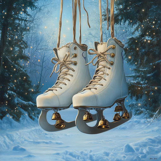 Ice skates with jingle bells hung on snowy canvas