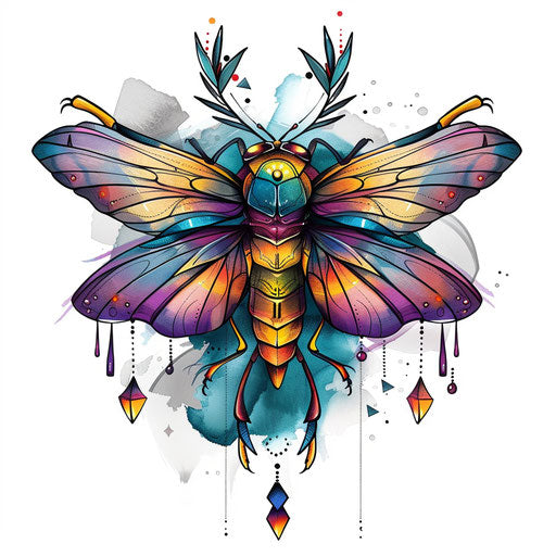 Charming tattoo sketch of a firefly with cartoonish features and bold colors in a clipart style