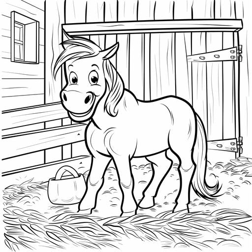 Cartoon horse smiling in a stable. Coloring book page