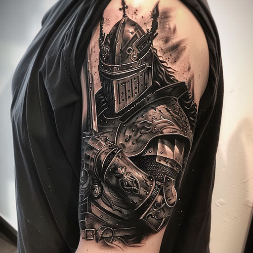 A black and gray shading tattoo of a king in knight armor on white background