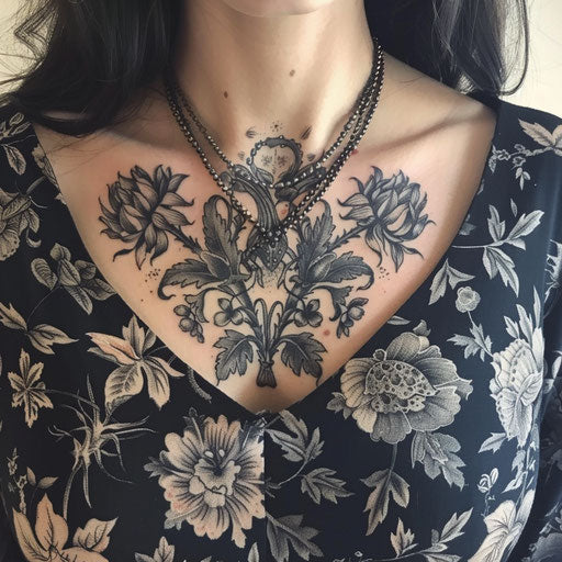 Floral chest tattoo design for women with intricate patterns