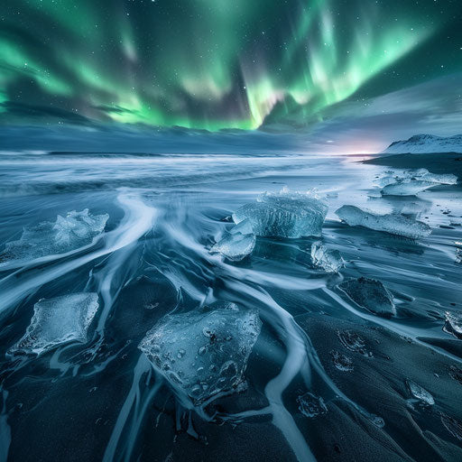 Northern lights illuminate Diamond Beach Iceland